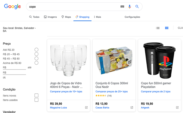 Google Shopping exemplo