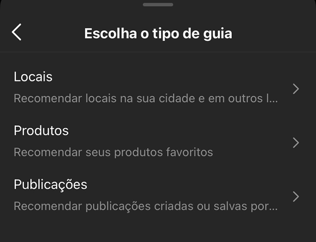 Opções do Guias no Instagram
