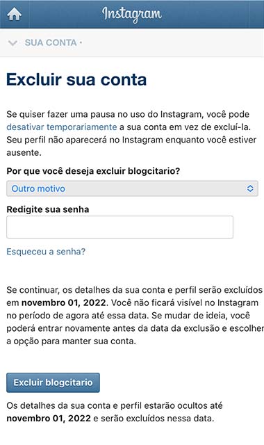 Tela Exclusao Instagram